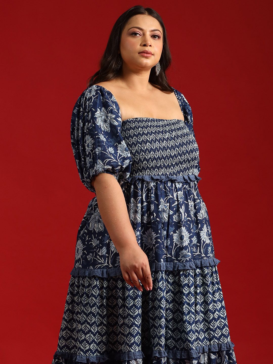 Dhiyona AY Women's Blue Floral Ethnic A-Line Cotton Midi Ethnic Dress