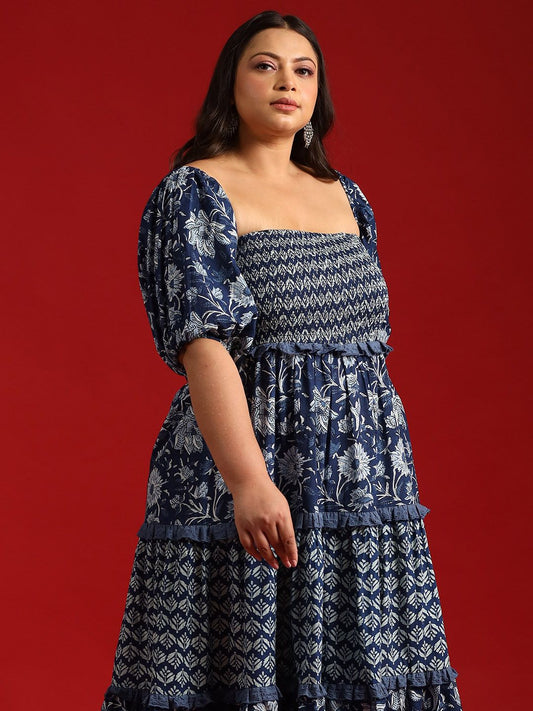 Dhiyona AY Women's Blue Floral Ethnic A-Line Cotton Midi Ethnic Dress