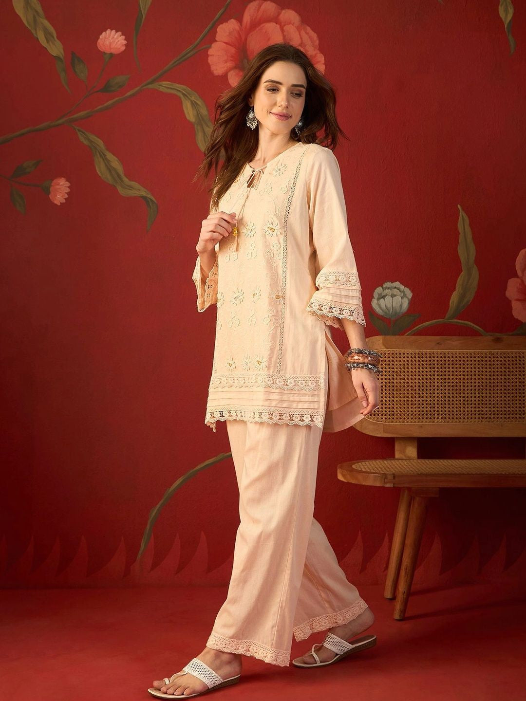 Peach schiffli embroidered cotton tunic and pants