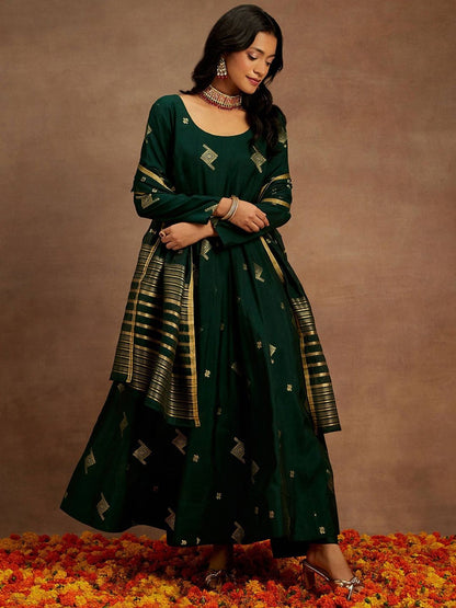 Dhiyona LL Womens Green Woven Design Anarkali Kurta With Palazzos & Dupatta