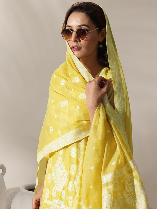 Yellow Floral Woven Design Chanderi Silk Straight Kurta With Trousers & Dupatta