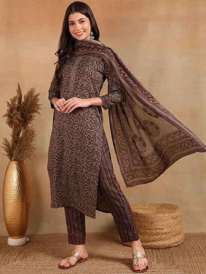 Dhiyona KL Floral Printed Straight Kurta with Trousers & Dupatta