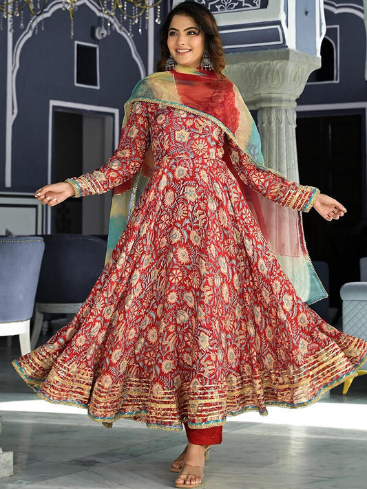 Dhiyona KL Floral Printed Thread Work Anarkali Kurta & Trousers With Dupatta
