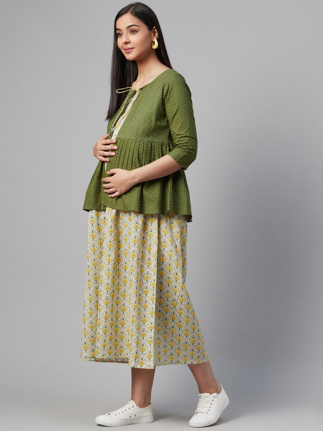 Dhiyona AY Women's Green & Yellow Printed A-Line Layered Maternity Dress