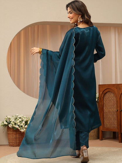 Libas Blue Yoke Design Tissue Straight Suit Set