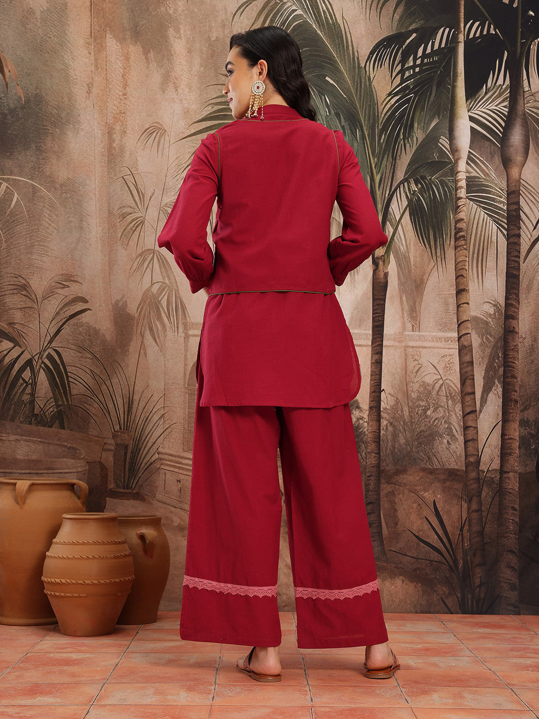 Pintucks Cotton-Linen Straight Kurti with Palazzos and Embroidered Waistcoat