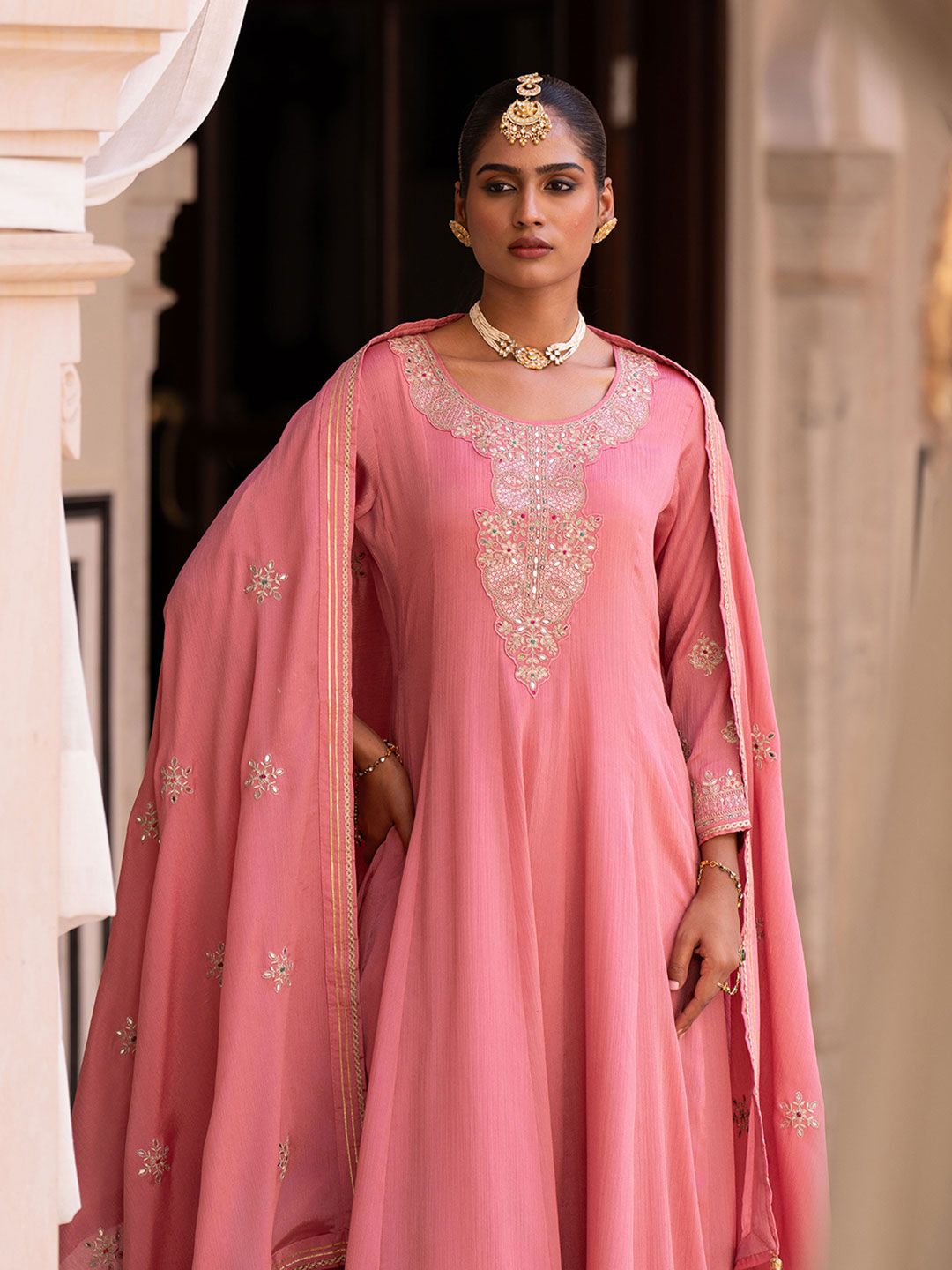 Dhiyona CH Women Floral Embroidered Pleated Mirror Work Kurta with Trousers & Dupatta
