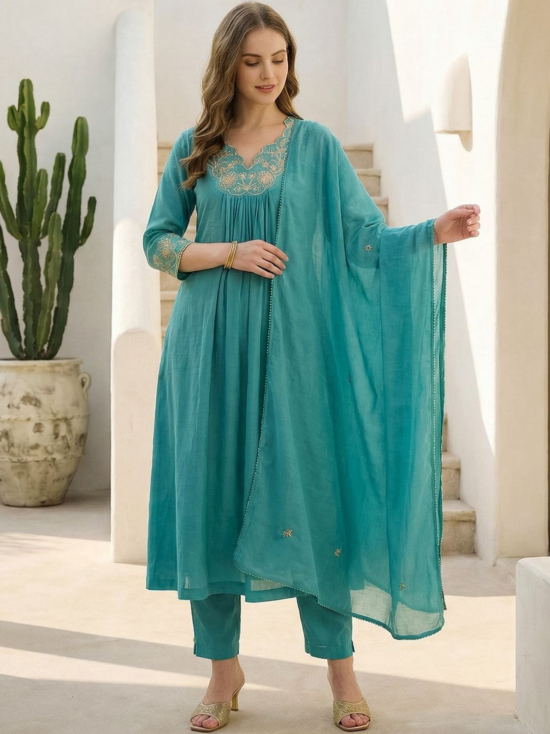 Women Ethnic Motifs Embroidered Empire Thread Work Pure Cotton Kurta with Trousers & With Dupatta