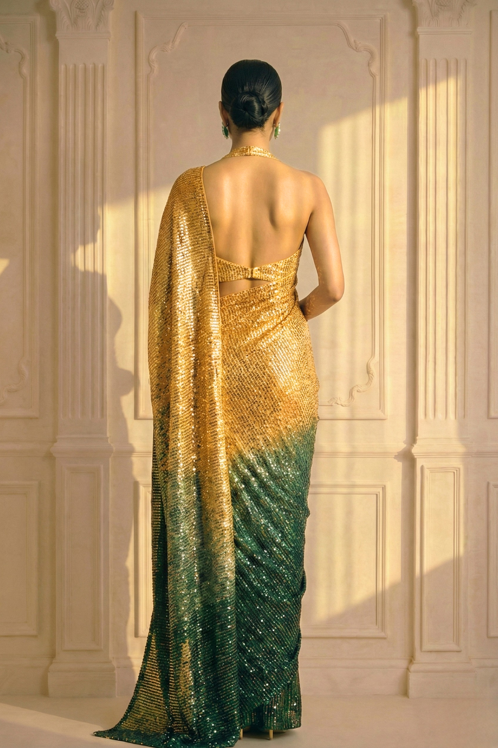 Dhiyona ST Green and Cream Ombre' Knitted Sequin Saree with Blouse Fabric
