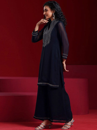 Dhiyona LL Mandarin Collar Beads and Stones Georgette Straight Kurta & Palazzo & Dupatta