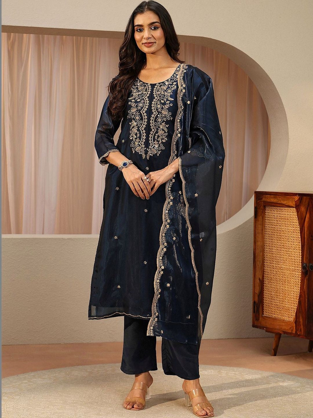 Blue Floral Embroidered Tissue Straight Suit Set