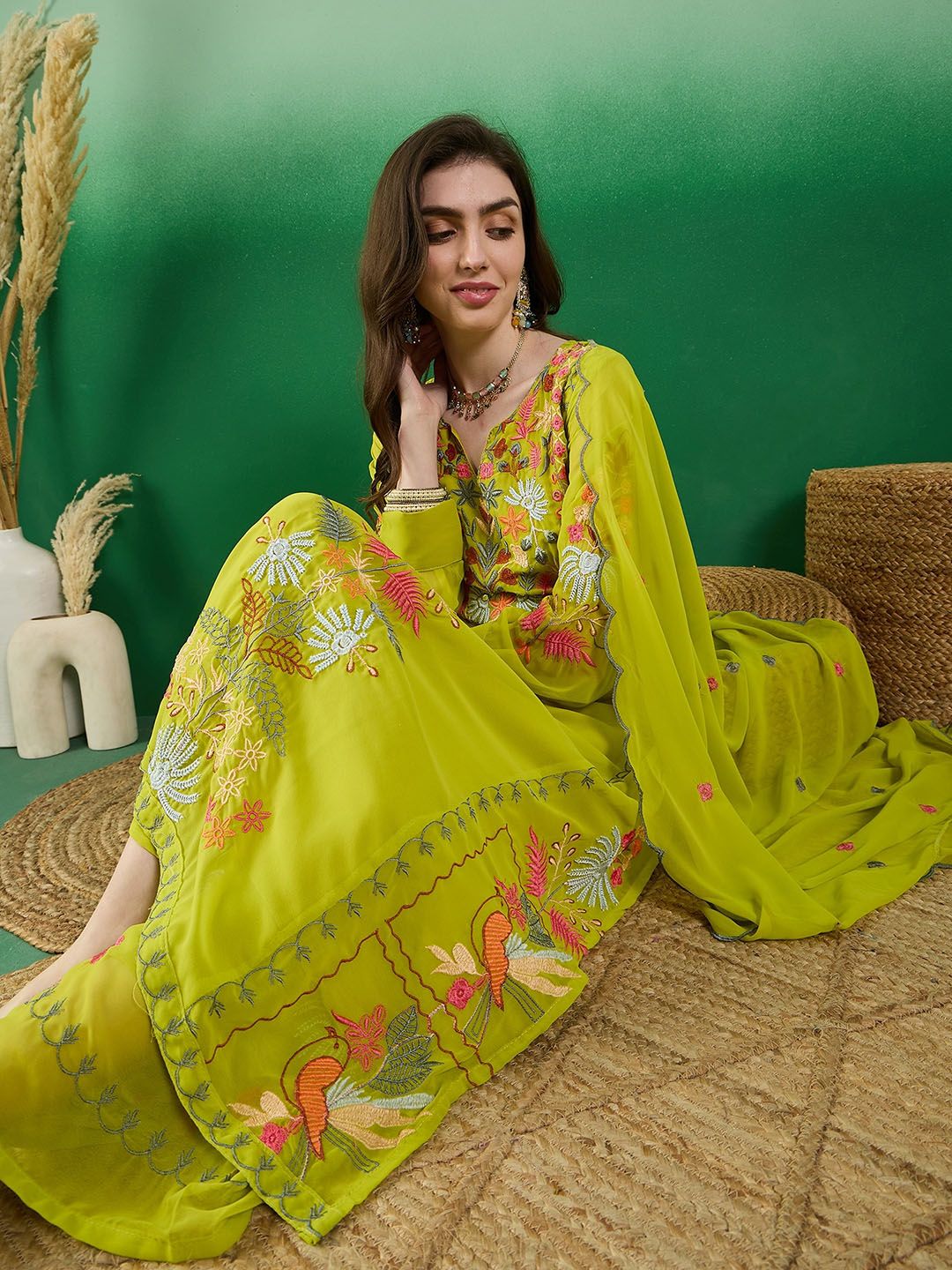 Dhiyona KL Floral Embroidered Regular Straight Kurta with Palazzos & Dupatta