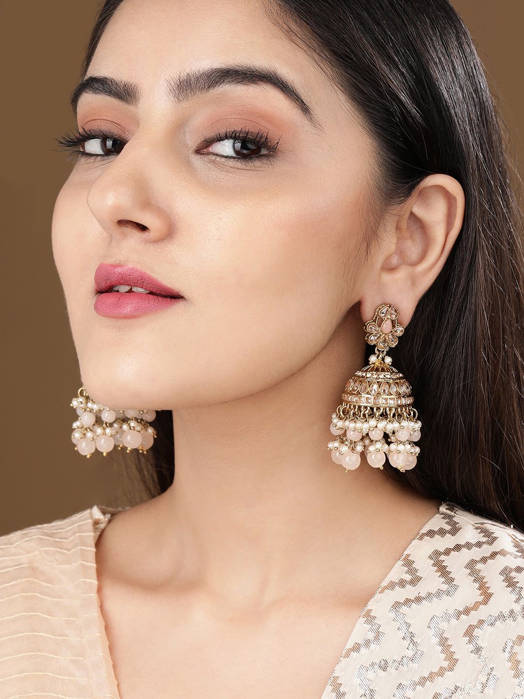 Dhiyona RJ Women's Gold-Toned Pearls Beaded Dome Shaped Traditional Jhumkas Earrings
