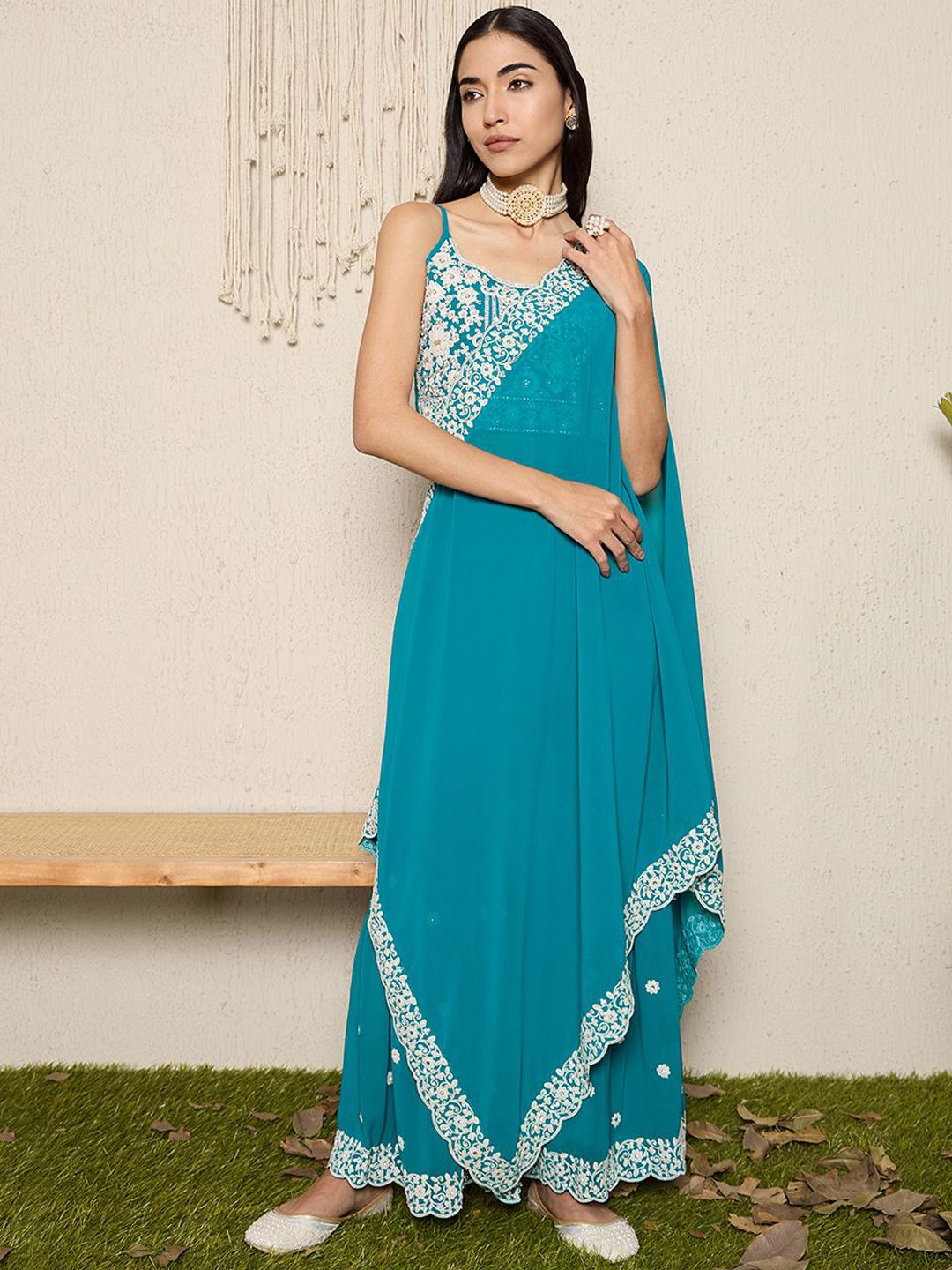 Dhiyona AN Sea Green & White Floral Embroidered Shoulder Straps Top with Sharara & Dupatta