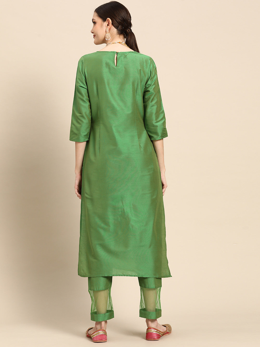 Women Green Ethnic Motifs Yoke Design Kurta with Trousers