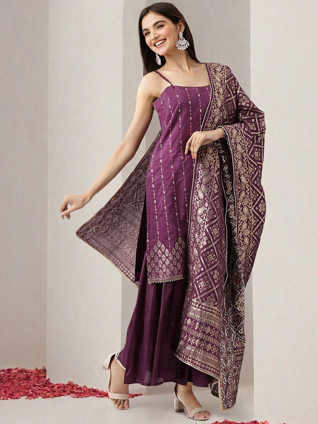 Dhiyona IS Women's Women Ethnic Motifs Printed Regular Sequinned Kurta with Trousers & With Dupatta