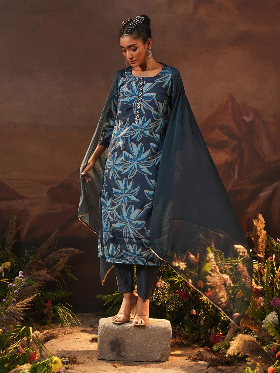Dhiyona IS Women's Navy Blue Floral Printed Beads And Stones Straight Kurta With Trousers & Dupatta