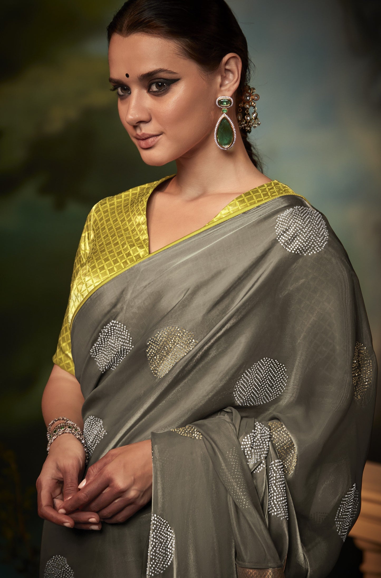 Dhiyona KM Women Elegant Grey Silk Saree With Diamond Work And Contrast Yellow Blouse “ Party & Festive Wear