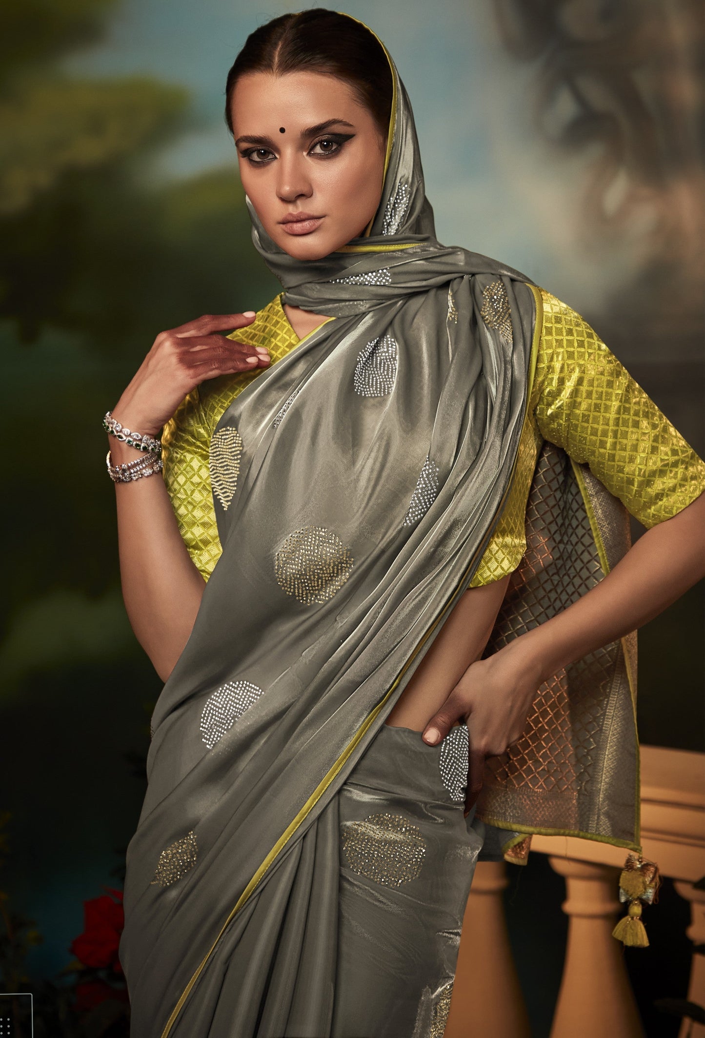 Dhiyona KM Women Elegant Grey Silk Saree With Diamond Work And Contrast Yellow Blouse “ Party & Festive Wear