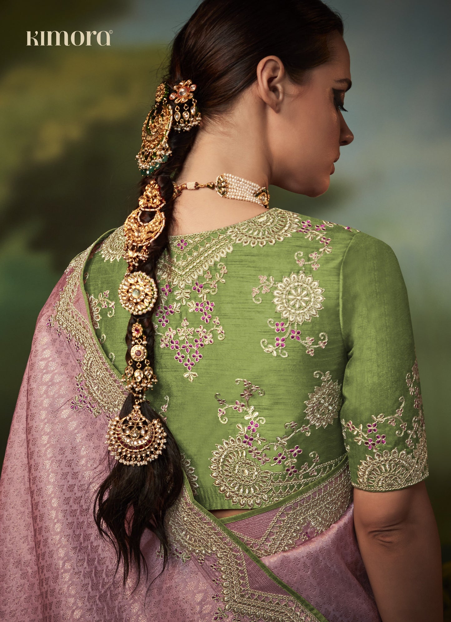 Dhiyona KM Women Pink Silk Saree With Contrasting Green Blouse