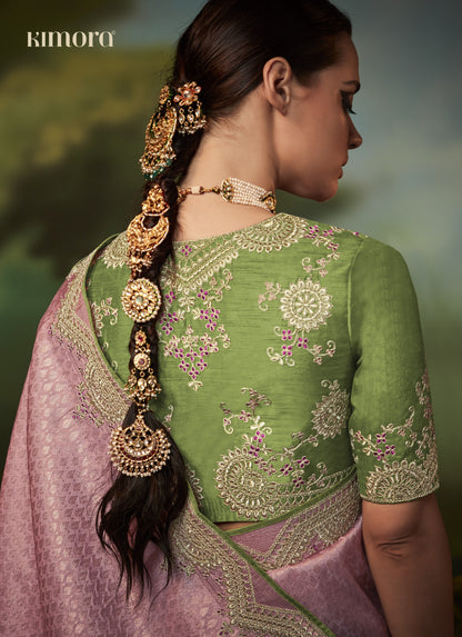 Dhiyona KM Women Pink Silk Saree With Contrasting Green Blouse