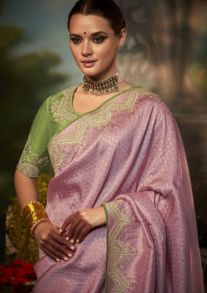 Dhiyona KM Women Pink Silk Saree With Contrasting Green Blouse
