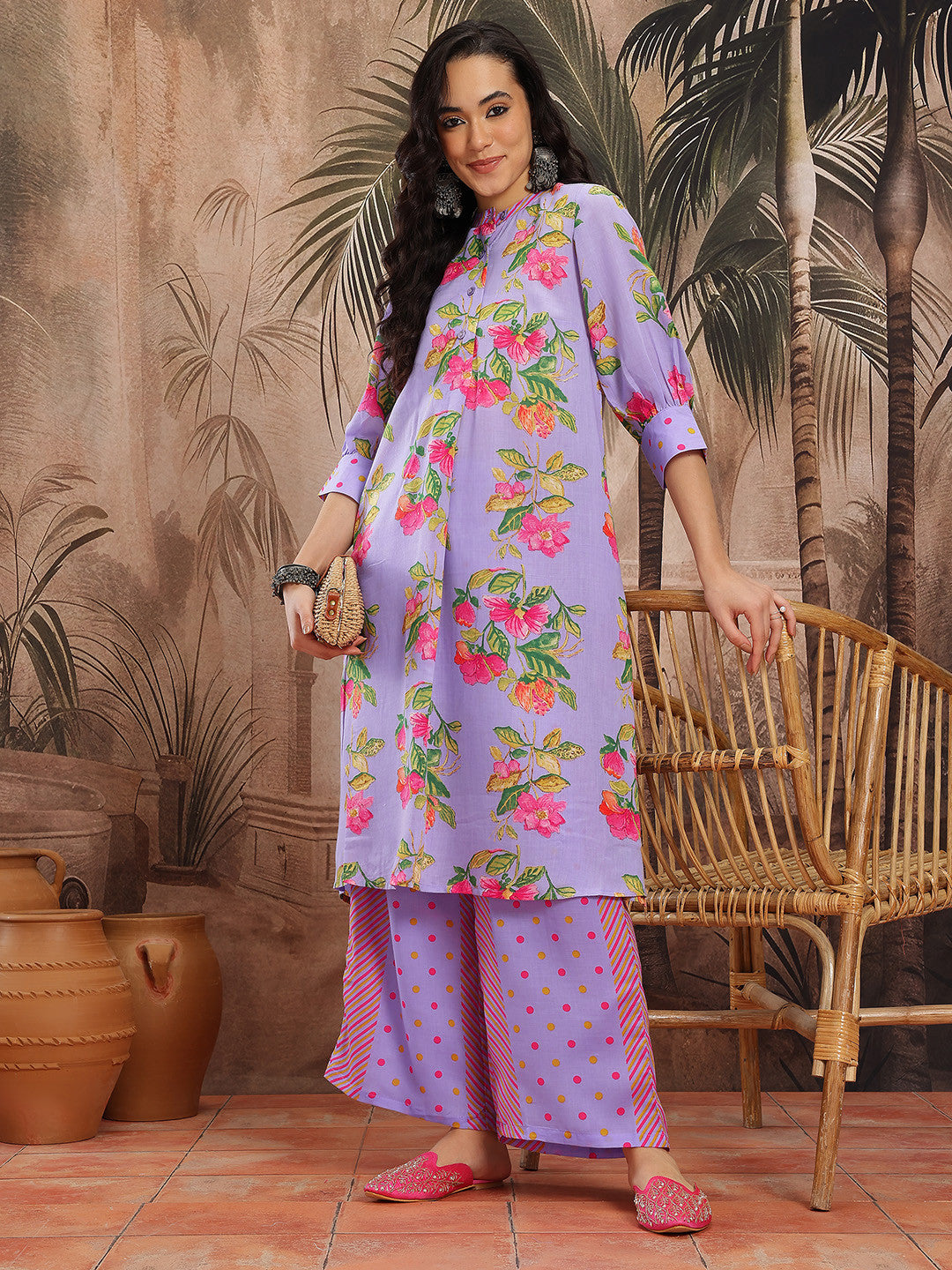 Floral Printed Band Collar A-Line Kurta with Palazzos