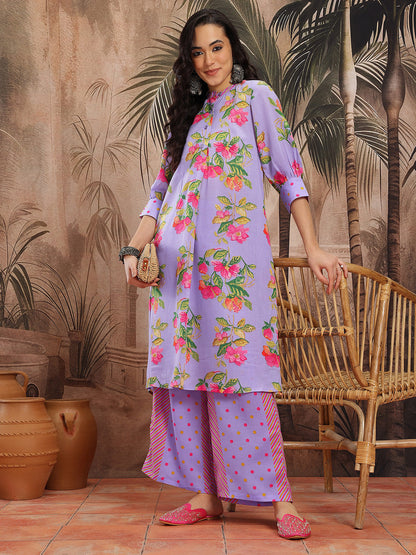 Floral Printed Band Collar A-Line Kurta with Palazzos