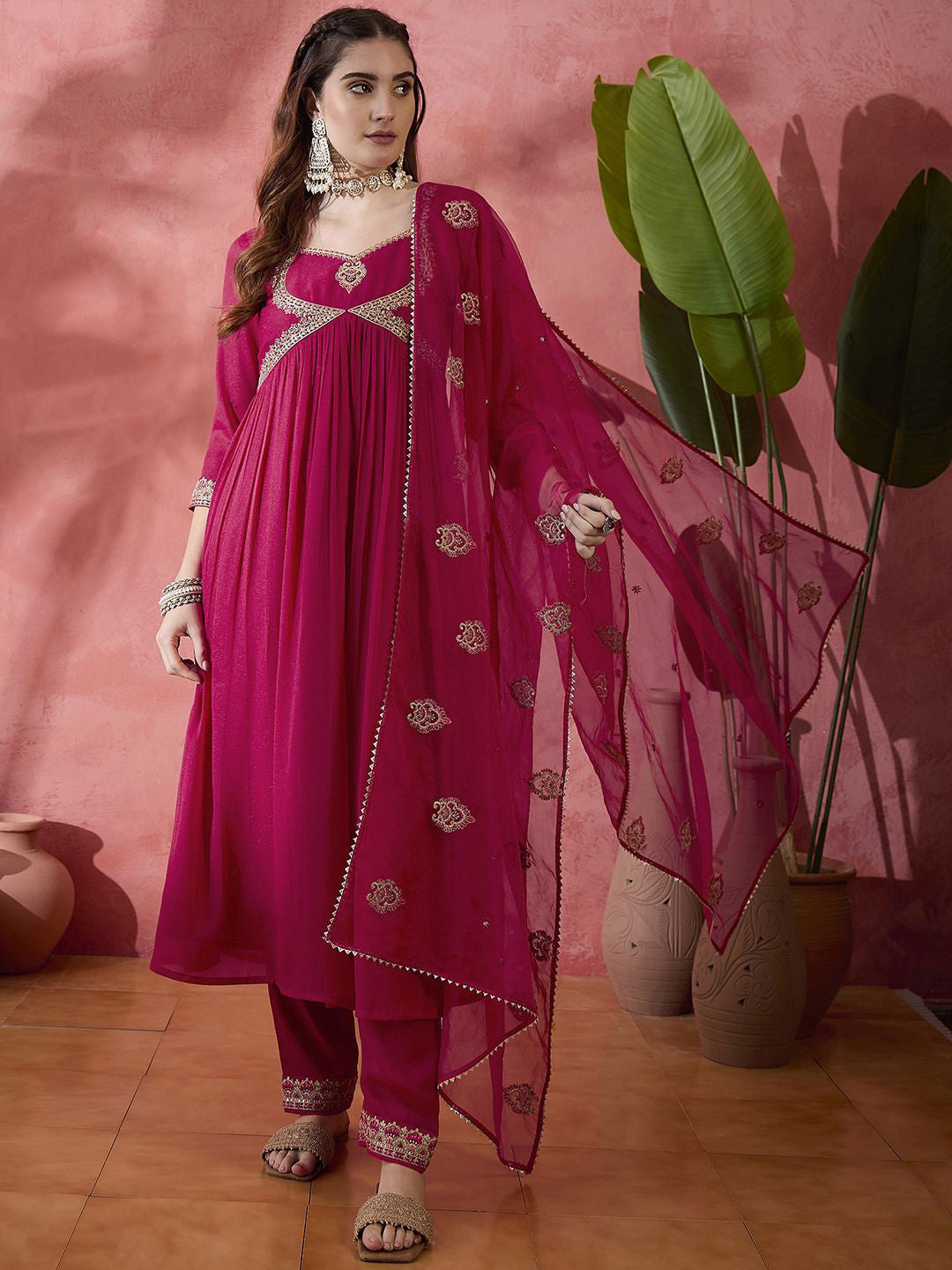 Dhiyona SN Maroon And Gold Pleated Zari rounnd Neck A-Line Kurta With Trousers And Dupatta