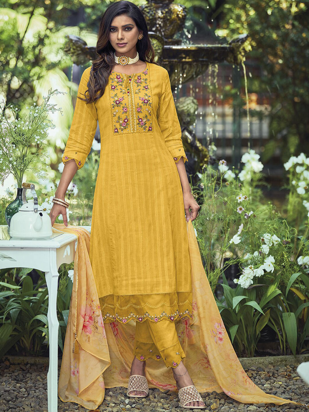 Yellow Yoke Design Thread Work Pure Cotton Kurta With Trousers & Dupatta