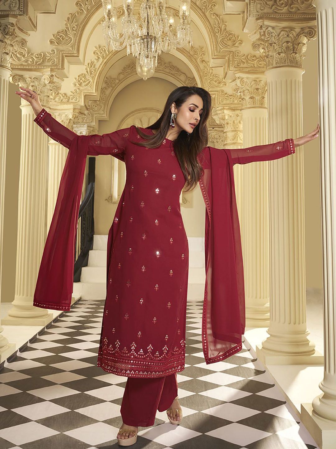 Dhiyona IN Women Ethnic Motifs Thread and Sequinned Embroidered Kurta Set with Dupatta