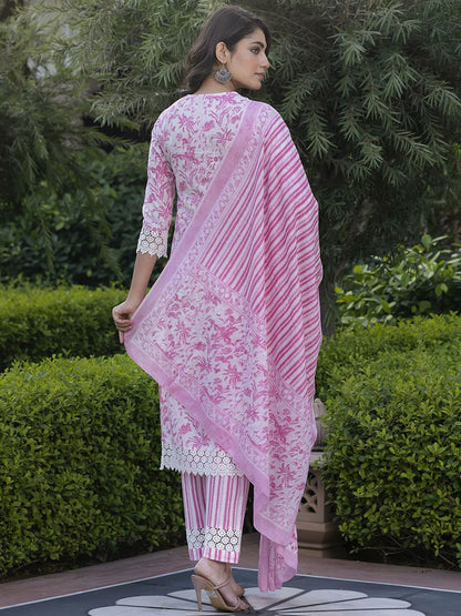 Dhiyona KL Floral Printed Thread Work Pure Cotton Straight Kurta With Trouser & Dupatta