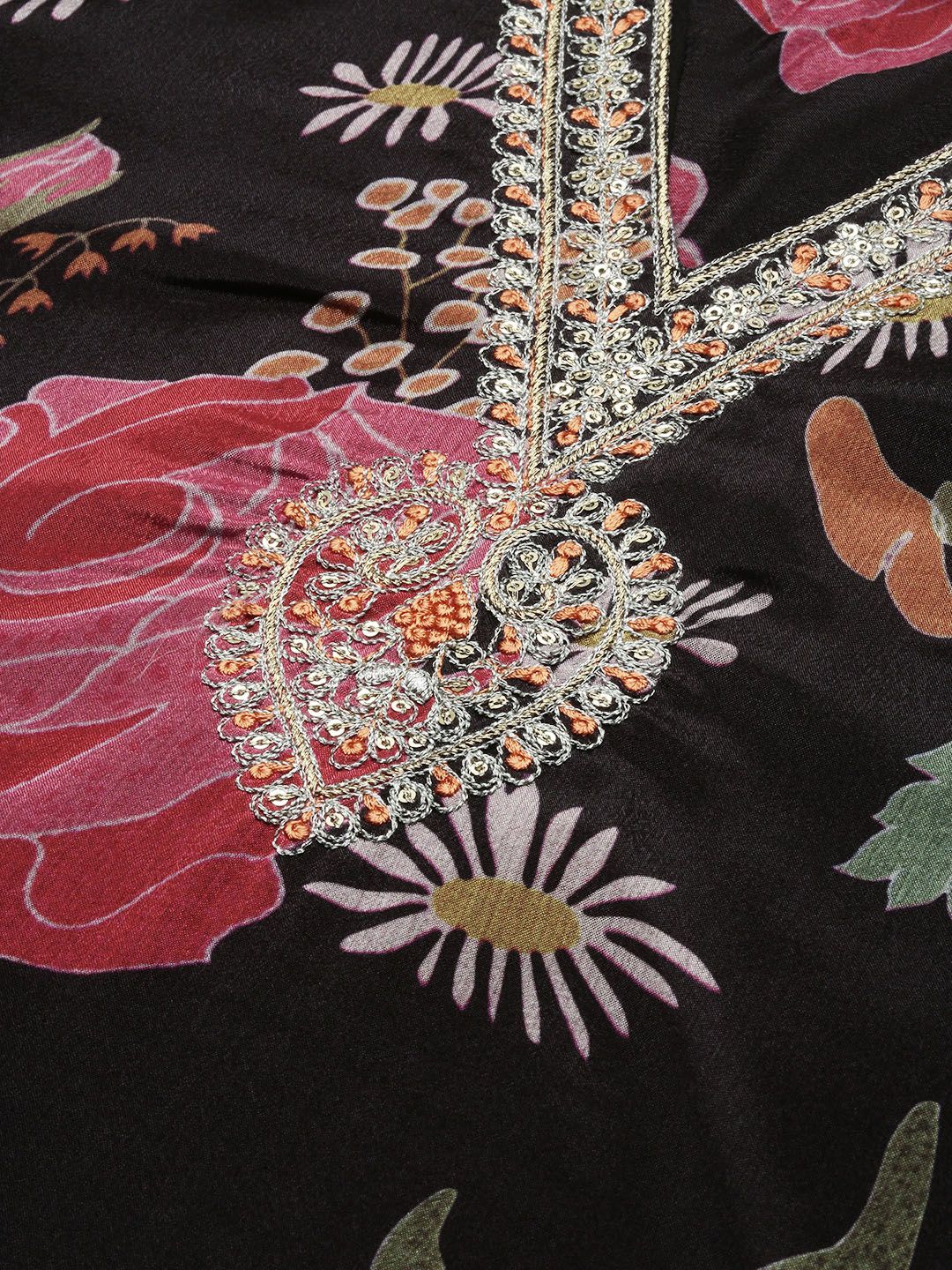 Dhiyona IS Women's Floral Printed V-Neck Three-Quarter Sleeves Kurta with Trousers & With Dupatta