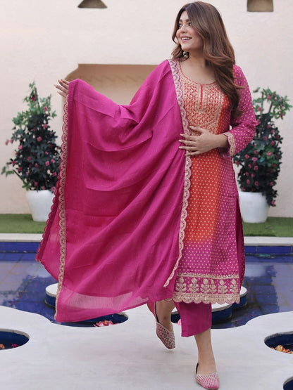 Women Bandhani Printed Regular Kurta with Trousers & With Dupatta