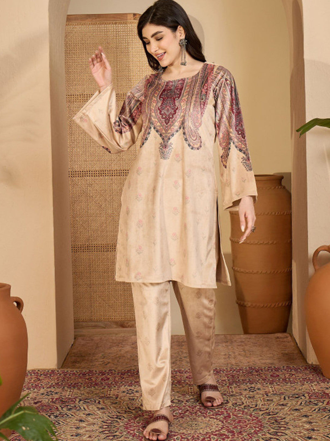 Winter Woven Design Velvet Round Neck Kurta & Palazzos With Dupatta