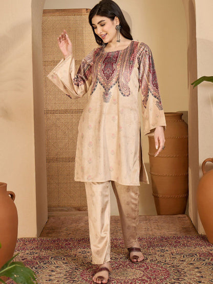Winter Woven Design Velvet Round Neck Kurta & Palazzos With Dupatta
