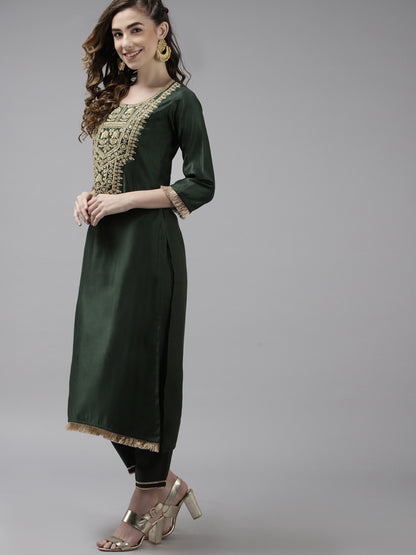 Women Green & Golden Ethnic Yoke Design Liva Kurta with Trousers & With Dupatta
