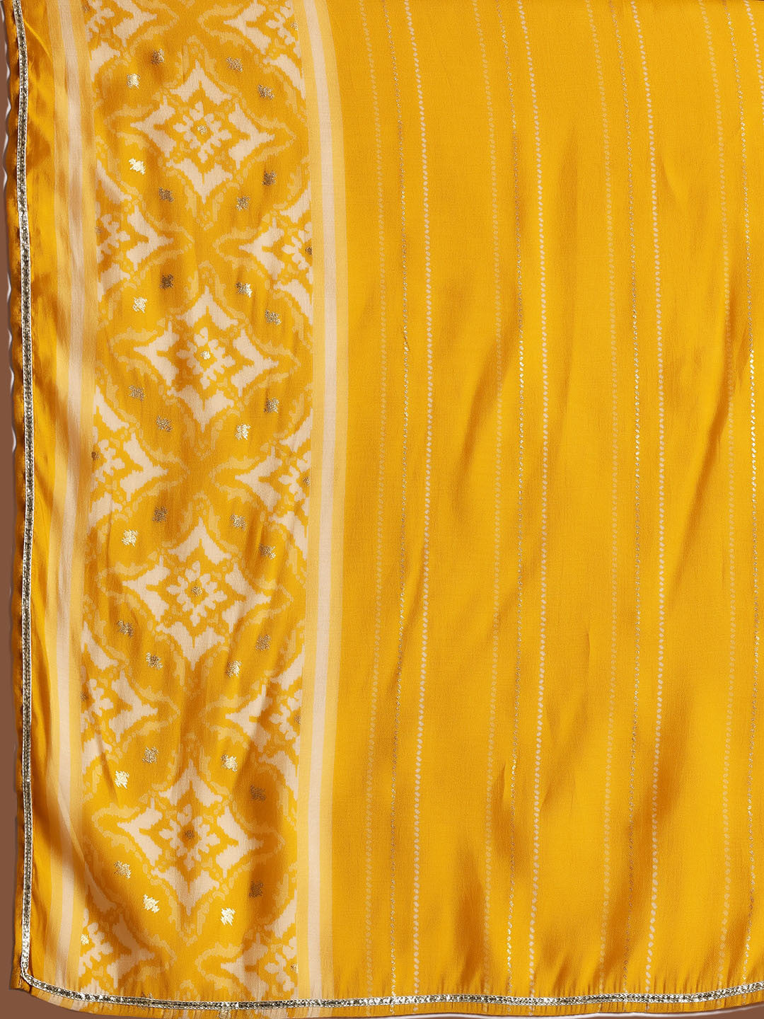 Womens Mustard Printed Anarkali Kurta With Churidar & Dupatta
