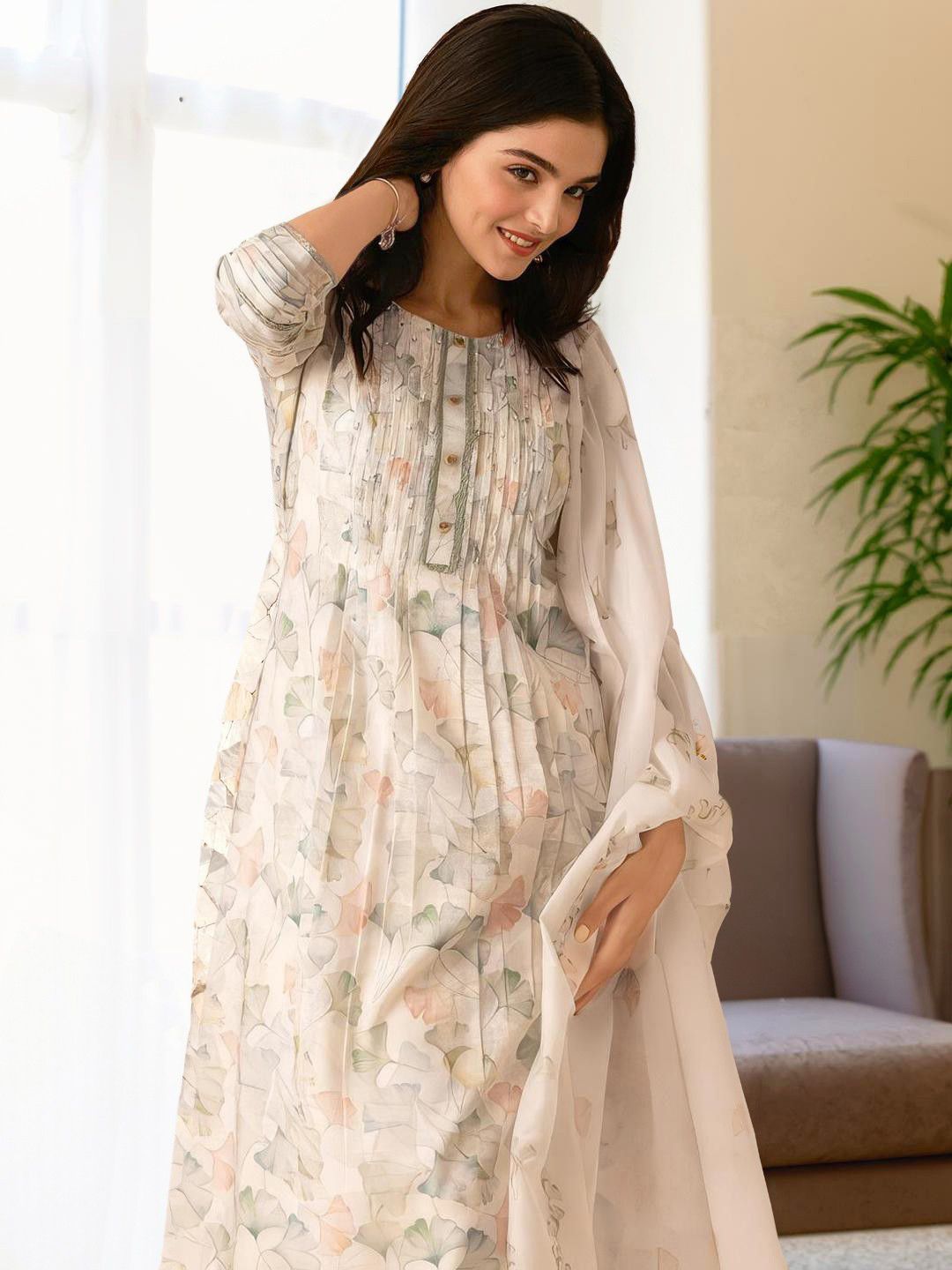 Dhiyona IS Women's White Floral Printed Beads & Stones A-Line Kurta & Trousers With Dupatta