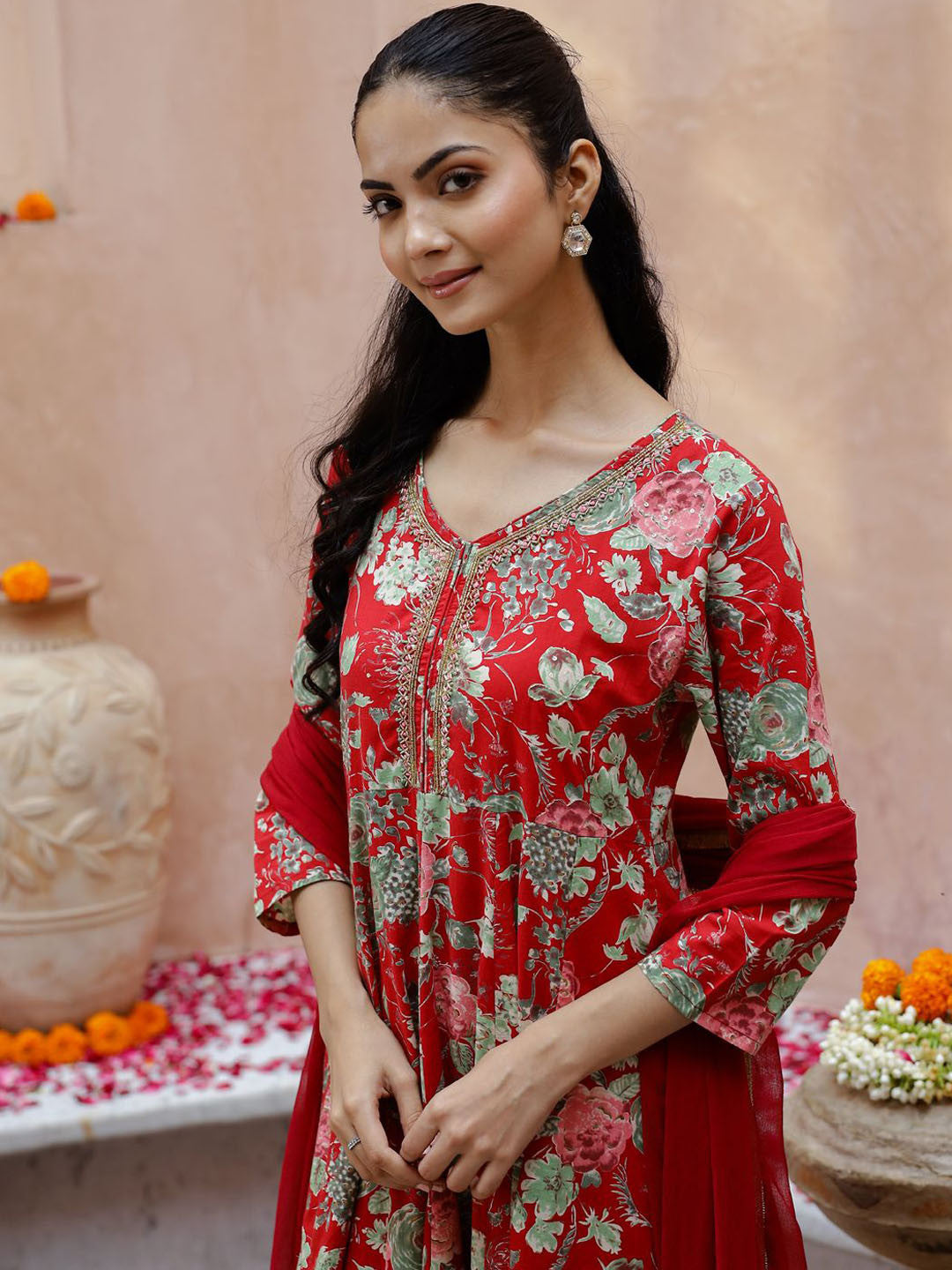 Floral Printed Beads & Stones Anarkali Kurta & Trouser With Dupatta