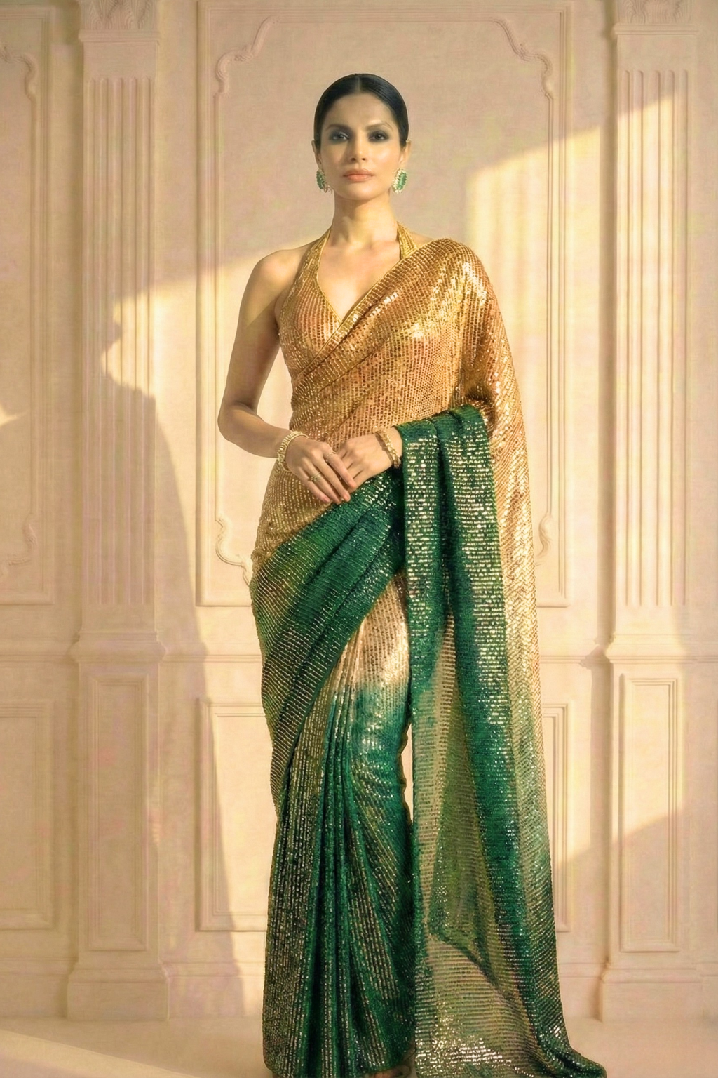 Dhiyona ST Green and Cream Ombre' Knitted Sequin Saree with Blouse Fabric