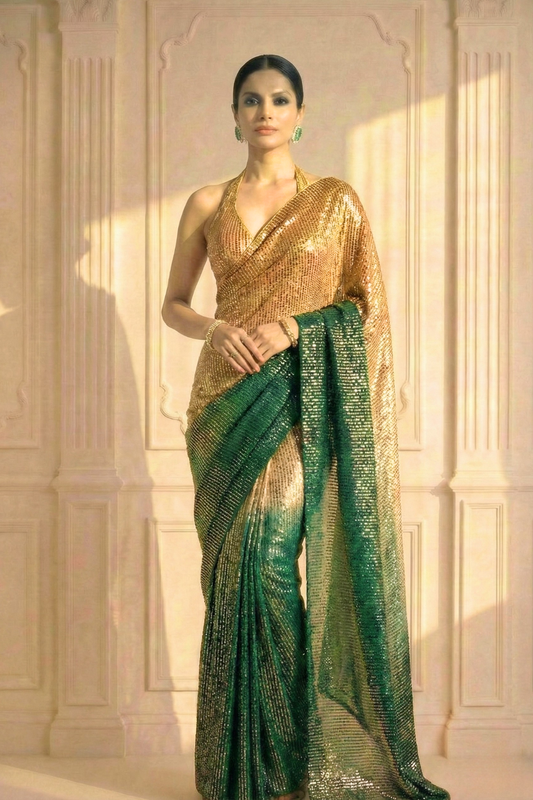 Dhiyona ST Green and Cream Ombre' Knitted Sequin Saree with Blouse Fabric