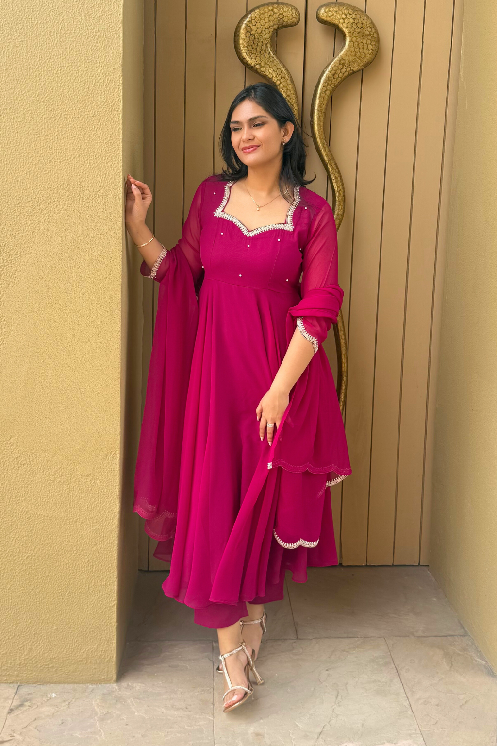 Dhiyona ST 3 pc Suit Set -Rebel Georgette 3/4th Sleeve Anarkali with Embroidery and Dupatta with Pants
