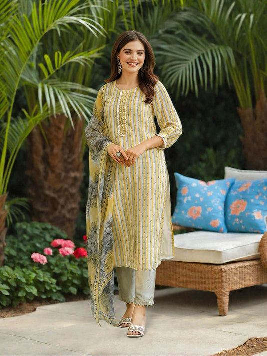 Dhiyona IS Women's Women Striped Thread Work Silk Chiffon Kurta with Trousers & Dupatta