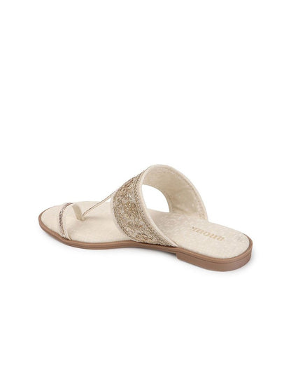 Dhiyona AK Cream-Coloured Embellished Open Toe Flats