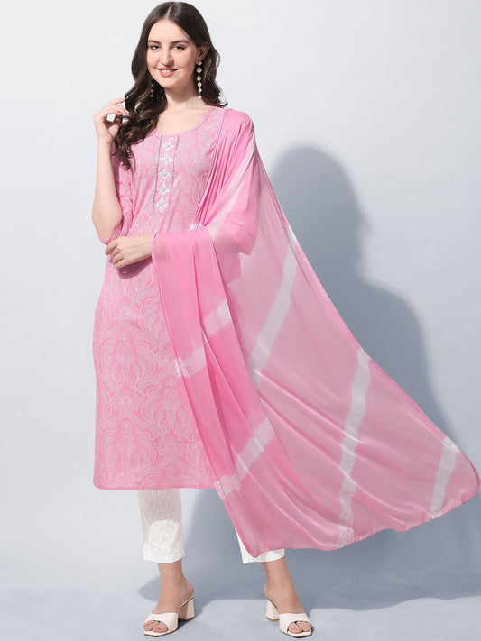 Dhiyona KL Women Plus Size Pink Printed Pure Cotton Kurta with Trousers & Dupatta