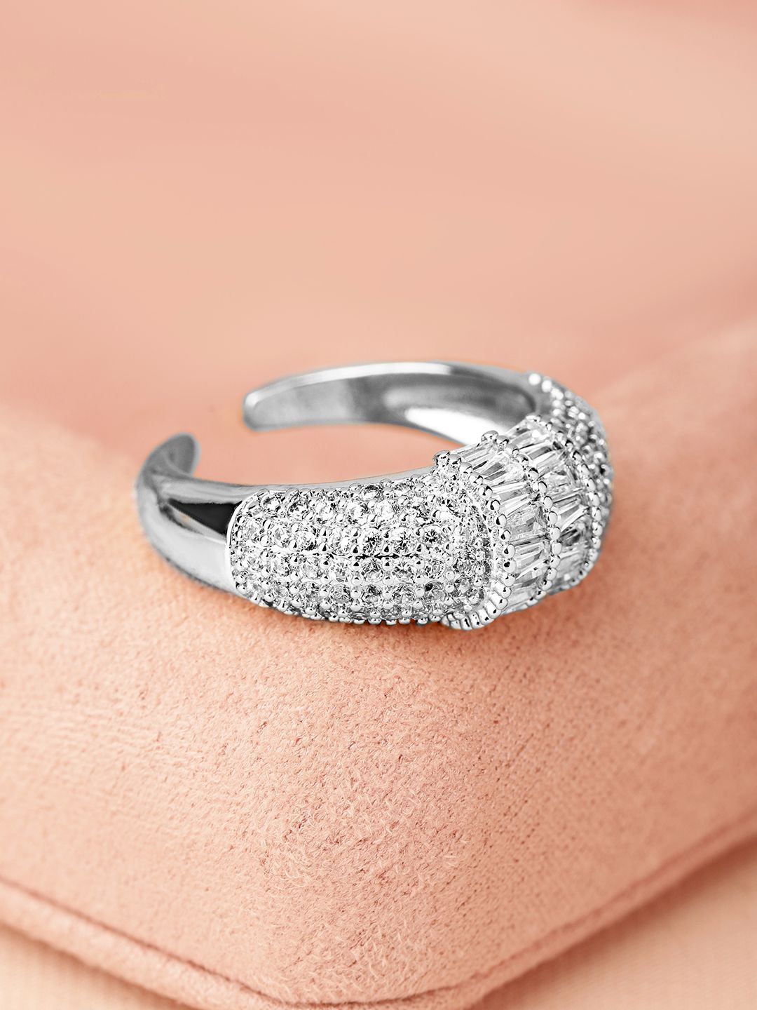 Dhiyona RJ Women's Rhodium Plated Pave & Baguette Cubic Zirconia Studded Adjustable Ring