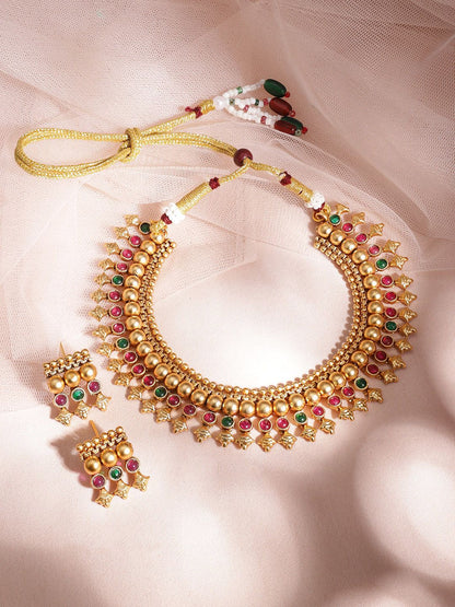 Dhiyona RJ Women's 22KT Gold Plated Brass Red & Green Stone Studded Necklace Set