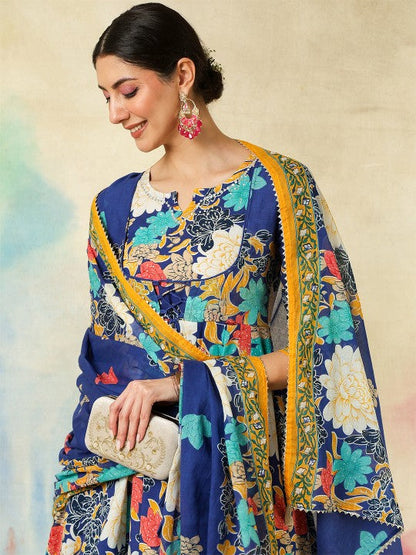 Women's Floral Printed Pure Cotton Anarkali Kurta With Trousers And Dupatta