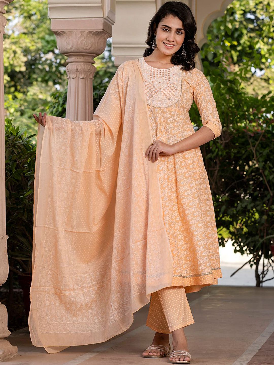 Dhiyona KL Floral Printed Mirror Work Anarkali Pure Cotton Kurta With Trousers & Dupatta